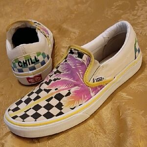 VANS Slip-On Black/White Checkered Palm's Pattern, Women's 10.5 Men's 9.0